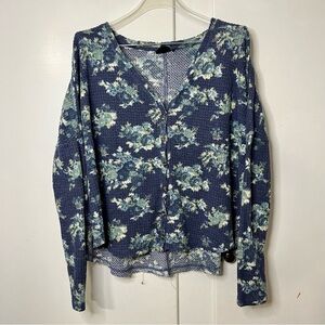 Urban Outfitters Slouchy Blue Floral Oversized Button Up Waffle Knit Top